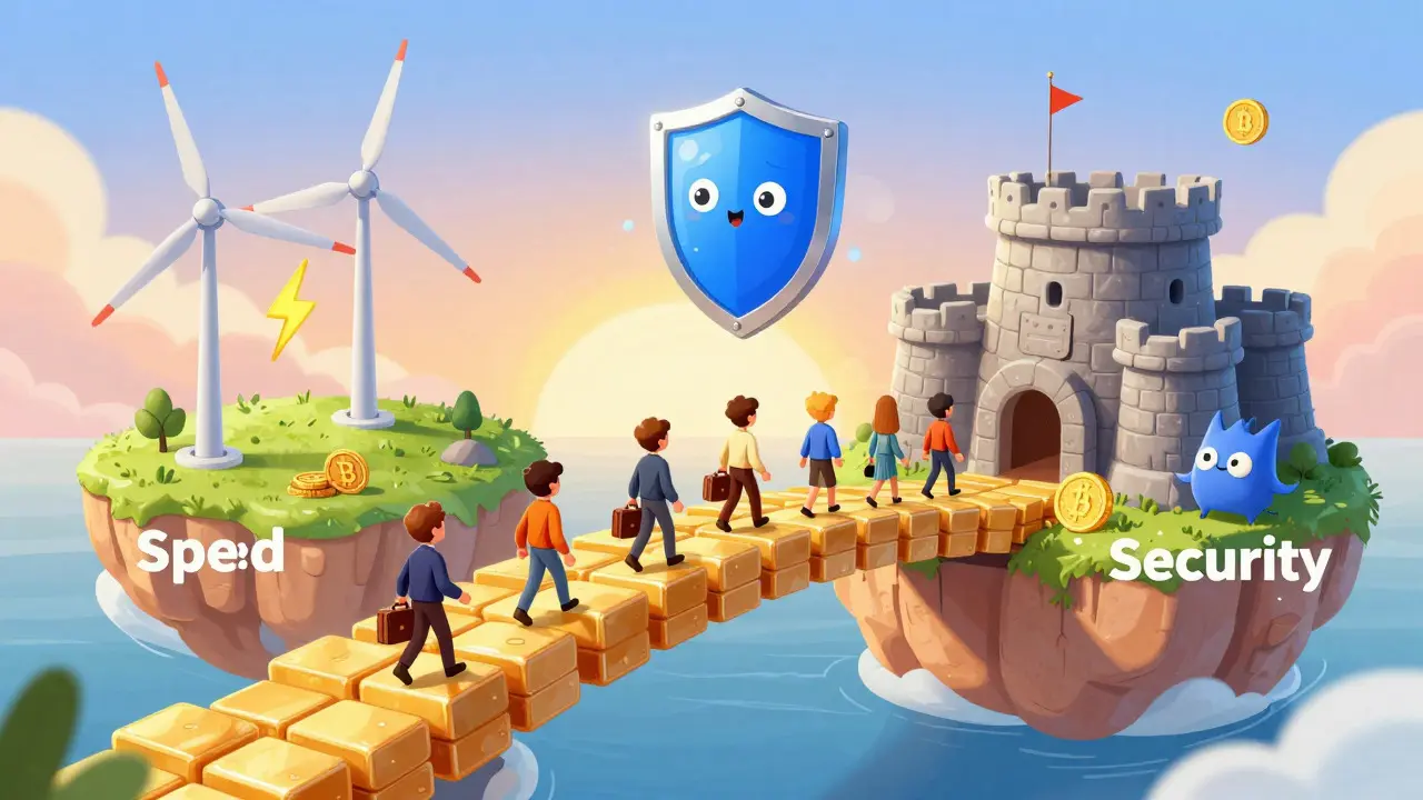 Cartoon bridge connecting speed and security islands with traders walking across