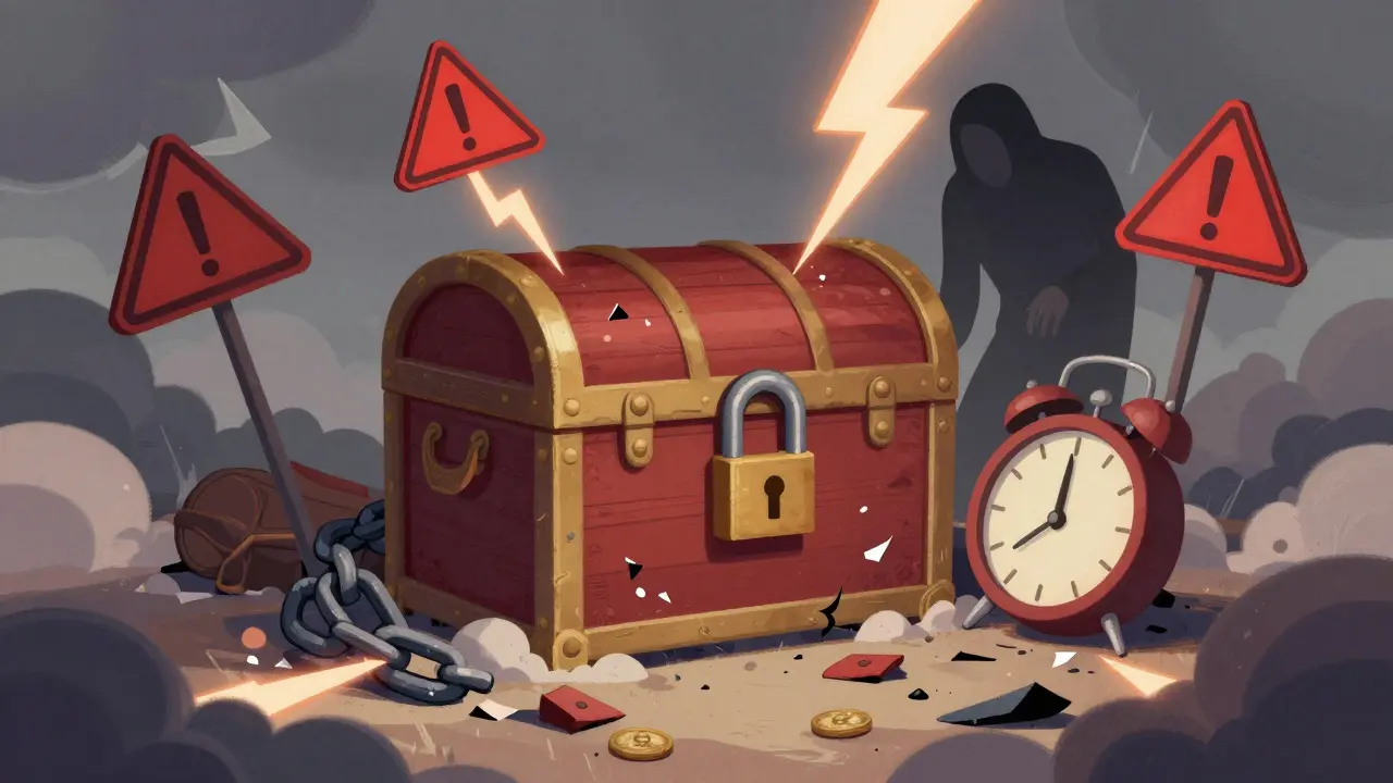 Cartoon depiction of warning signs and a locked chest representing crypto risks