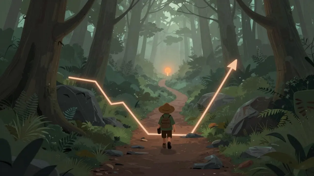 Cartoon explorer walking a winding path through a misty forest