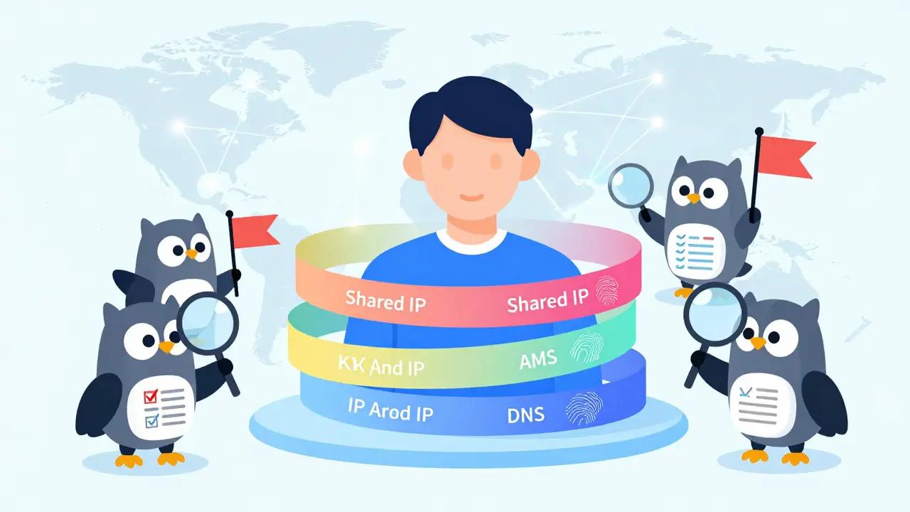 Cartoon guardians inspecting user's digital identity layers for compliance