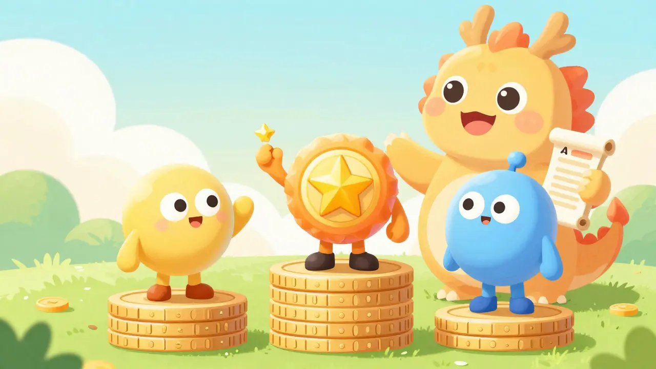 Cartoon illustration of users earning reputation badges on podiums, assisted by a friendly AI mascot, highlighting the gamified reward system.