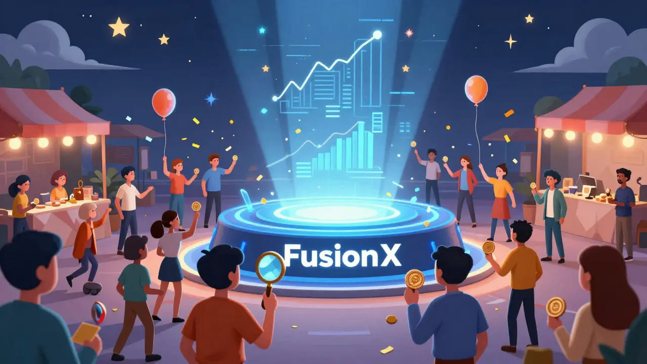 Cartoon marketplace scene with characters trading at a glowing exchange platform