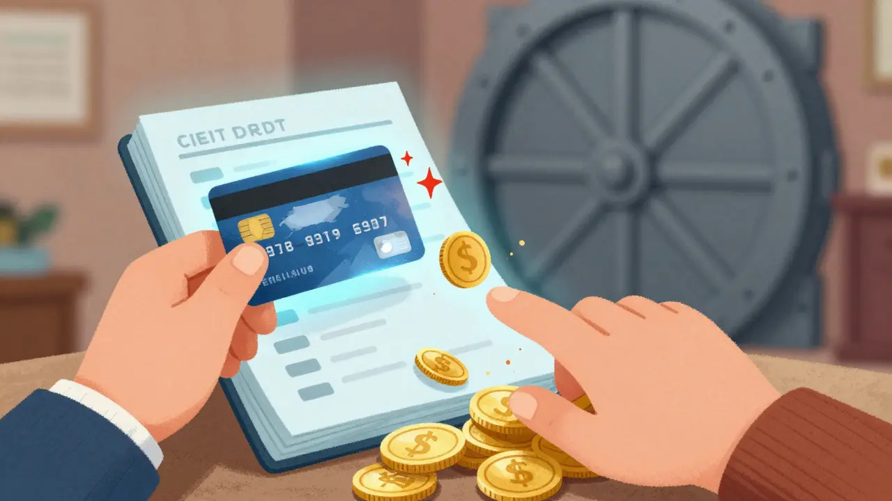 Cartoon of hands exchanging a credit card for disappearing gold coins near a bank vault