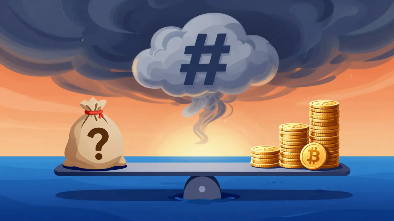 Cartoon seesaw balancing risk and reward under a stormy trend cloud