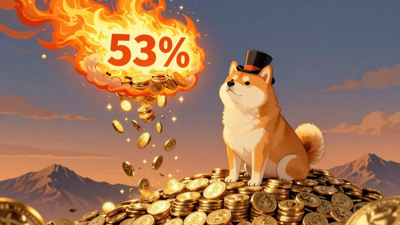 Cartoon Shiba Inu on a coin mountain watching a massive supply burn in the sky.