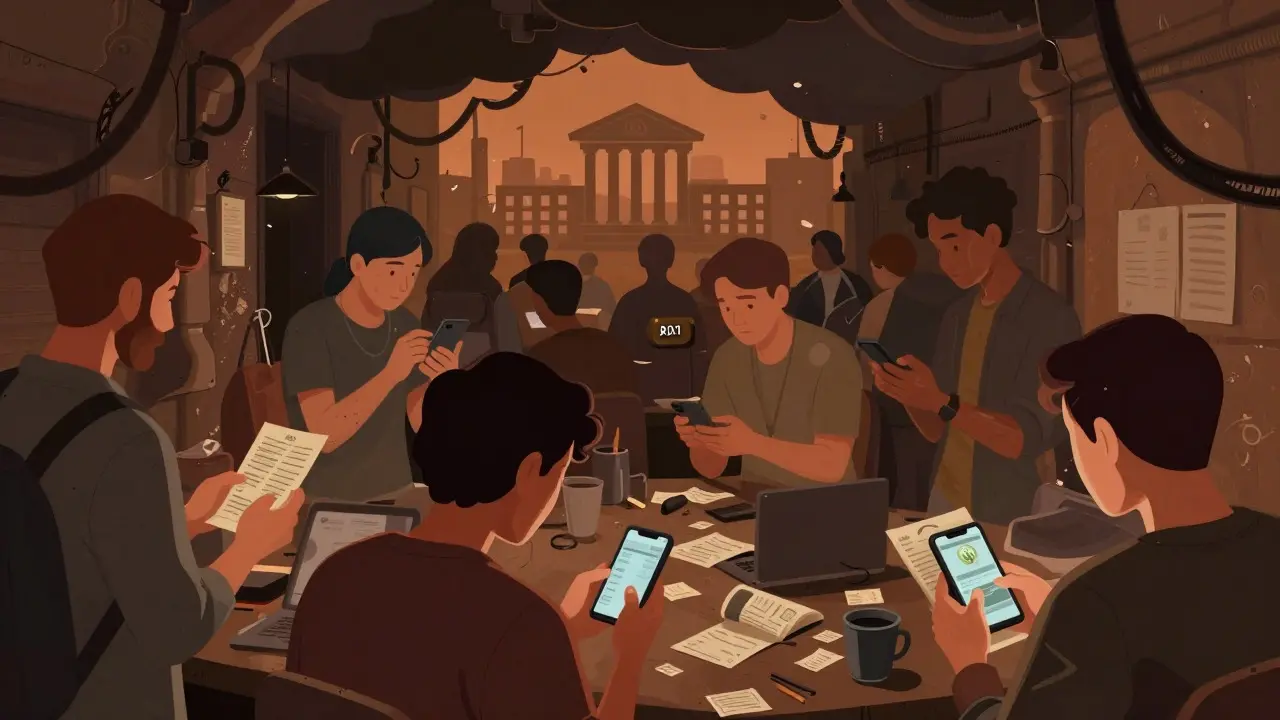 Cartoon view of an underground market where people trade crypto informally