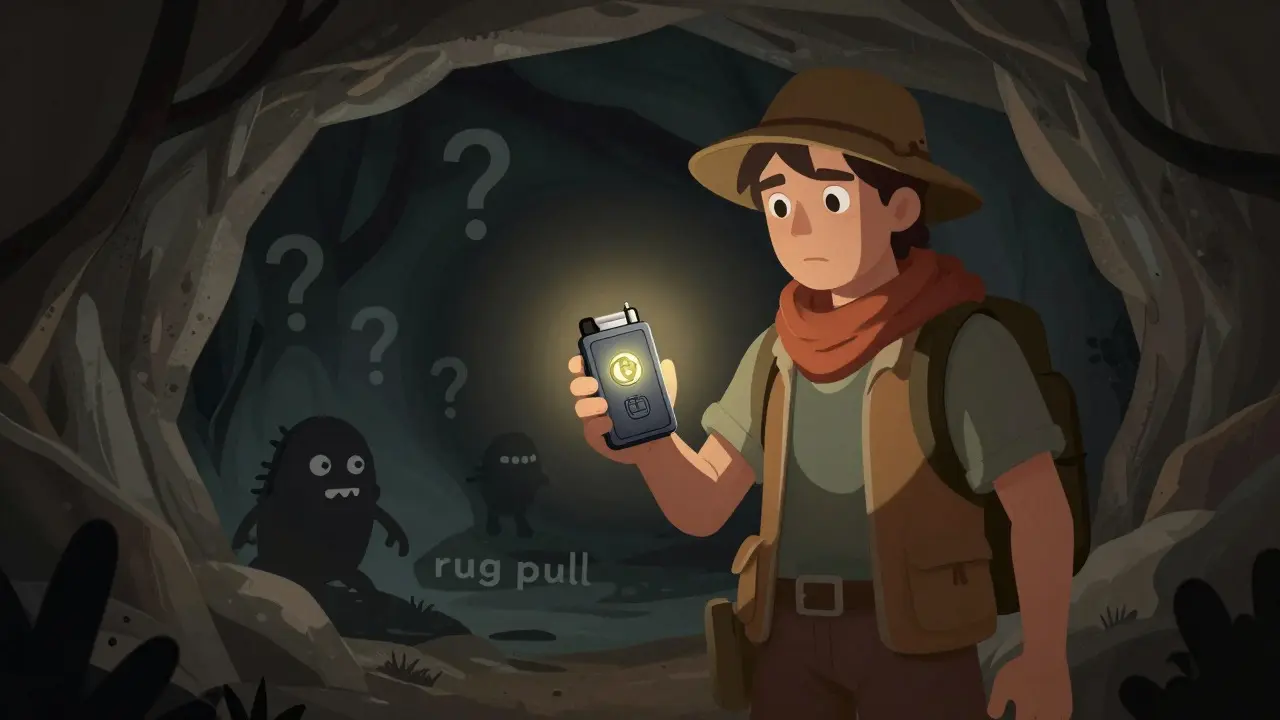 Cautious traveler with hardware wallet facing risky crypto cave