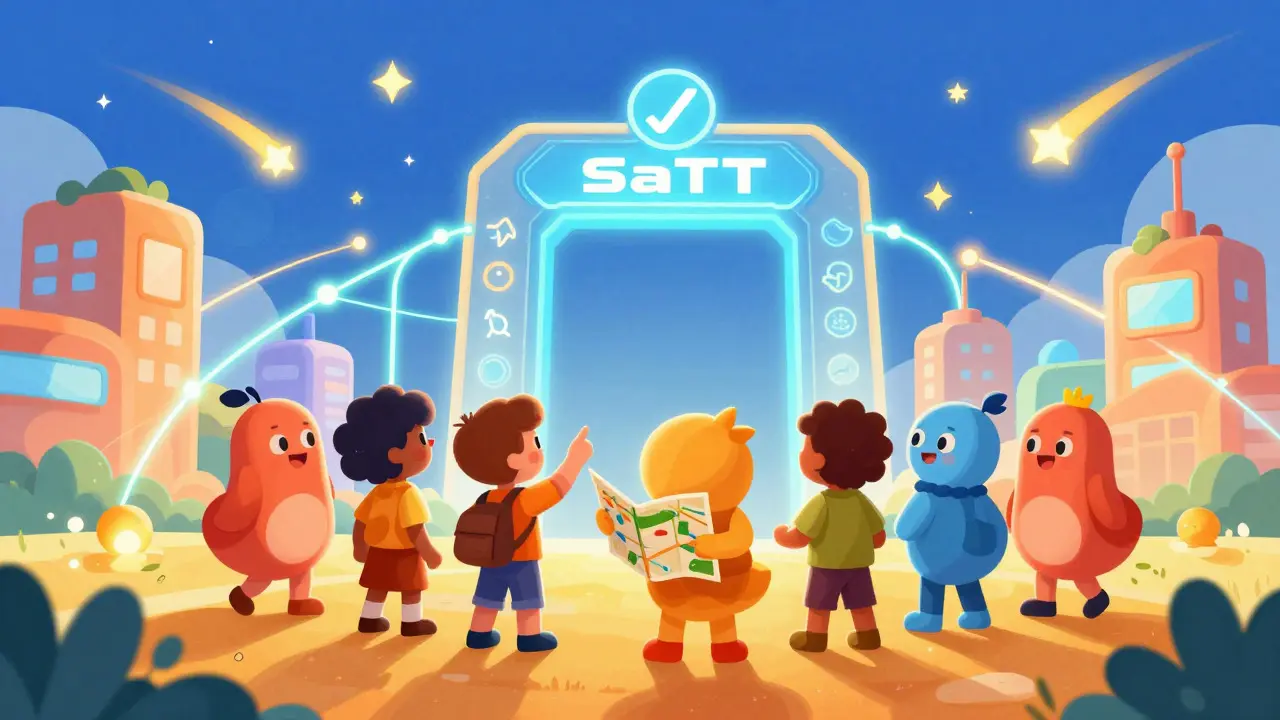 Cheerful characters looking at a futuristic city connected by glowing data streams