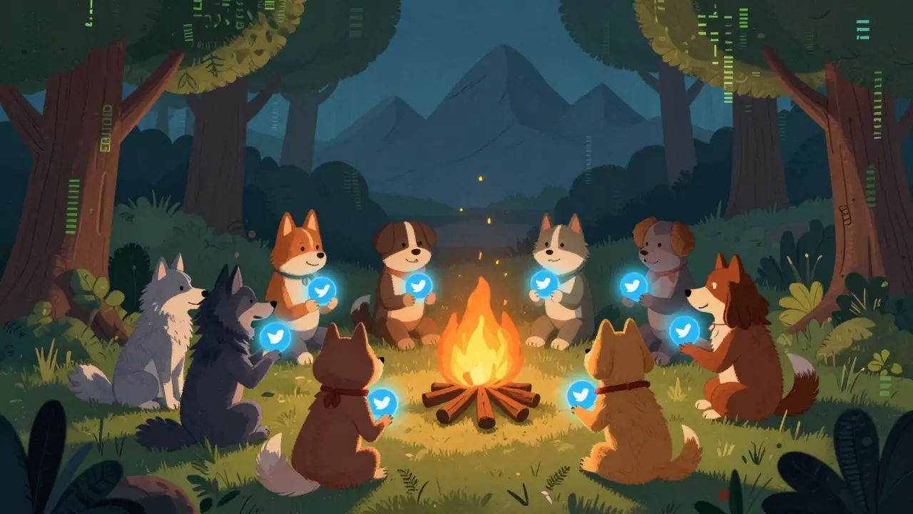 Community of cartoon dogs gathered around a campfire discussing their crypto project.
