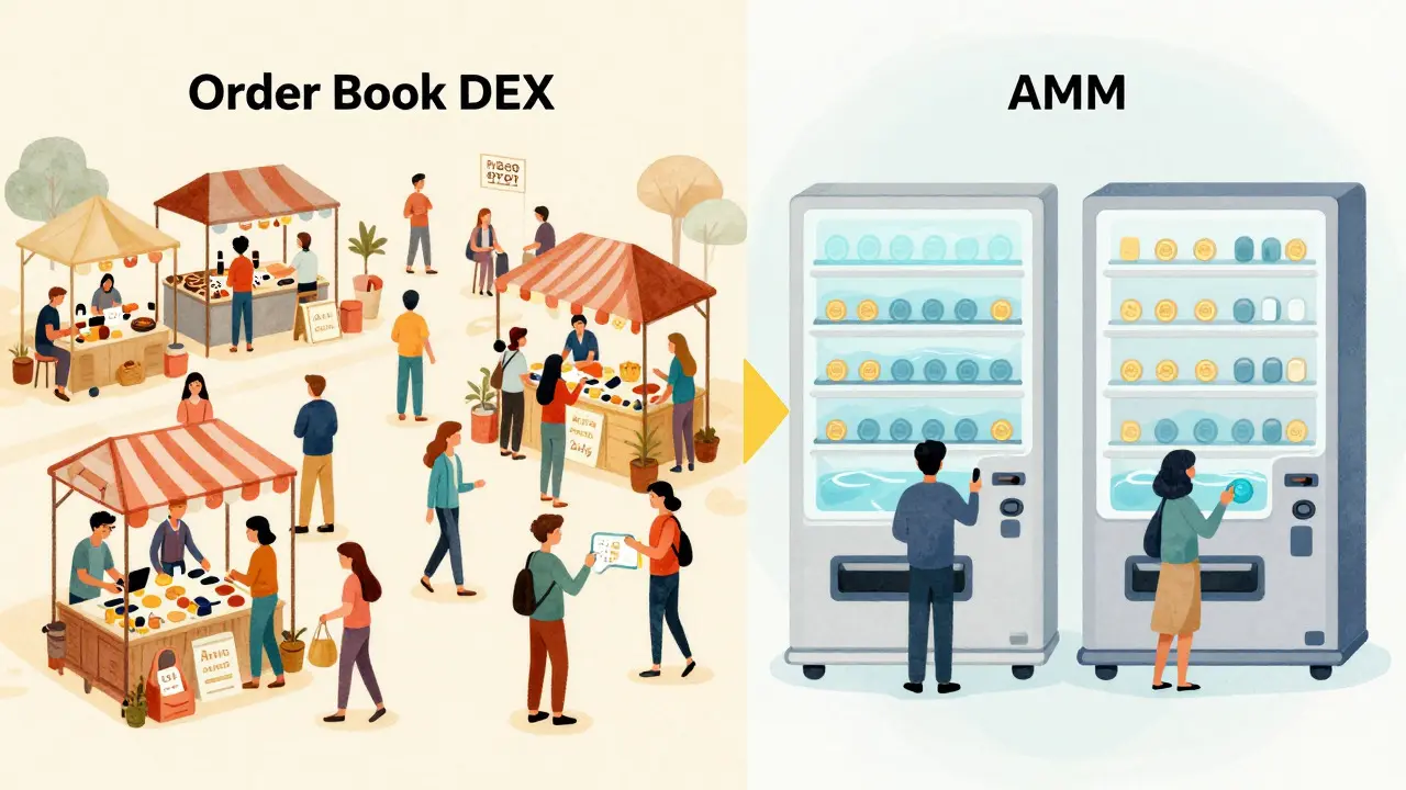 Comparison of a busy trader bazaar versus an automated vending machine hall