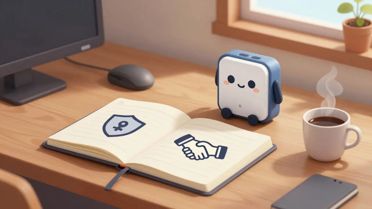 Cozy storybook scene of a secure crypto workspace with a friendly hardware wallet robot