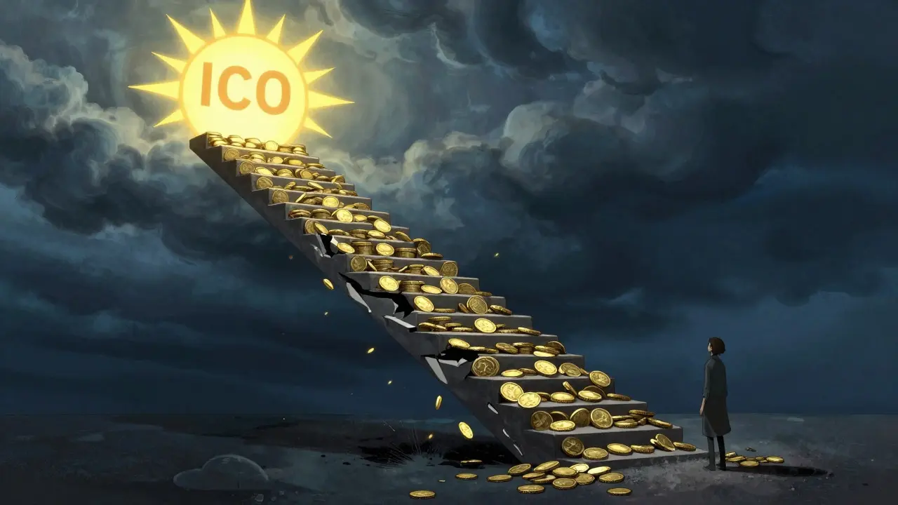 Crumbling golden stairs showing massive crypto price drop from ICO peak