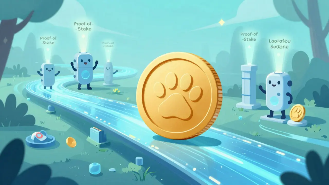 Golden crypto coin on a glowing digital network representing fast blockchain transactions