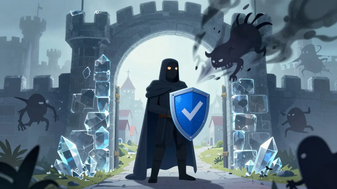 Guardian protecting a crystal castle from shadowy scam creatures