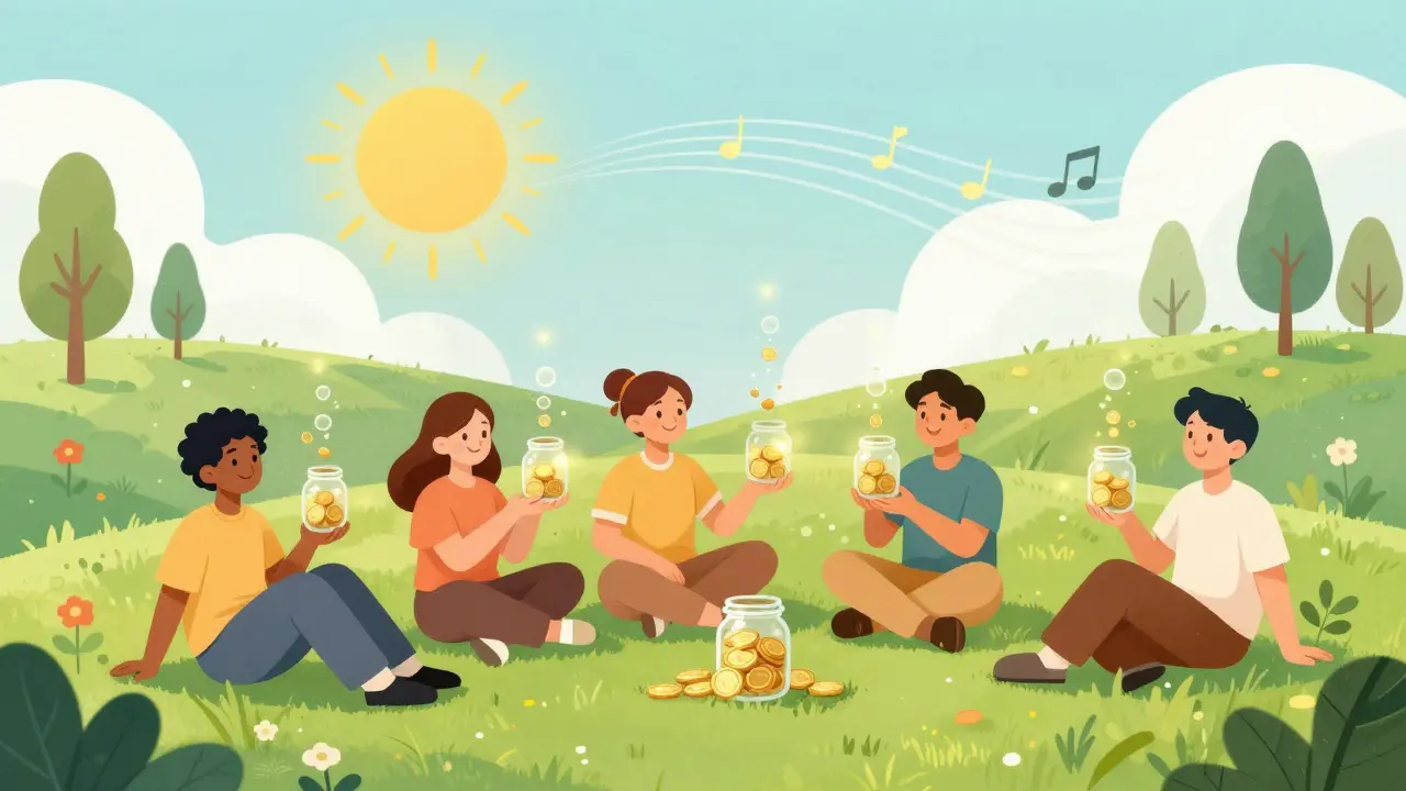 Happy people watching glowing coins rise from jars on a sunny hill