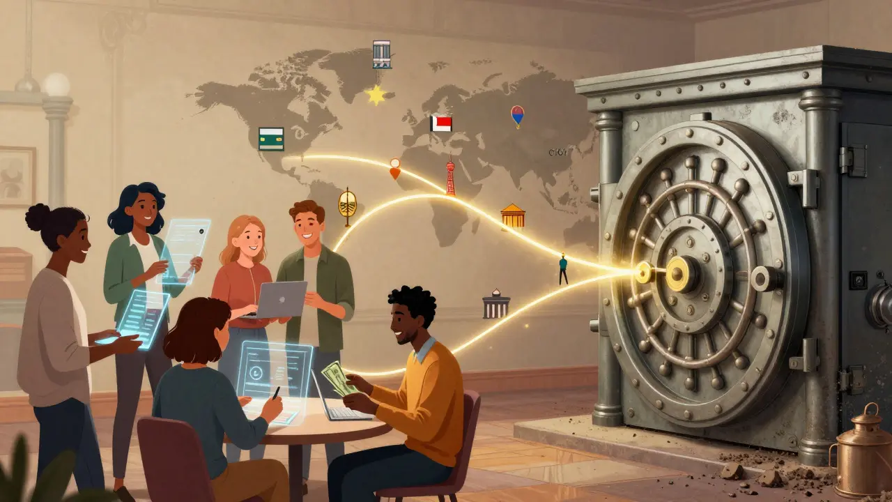 Happy users connected globally by glowing digital payment threads.
