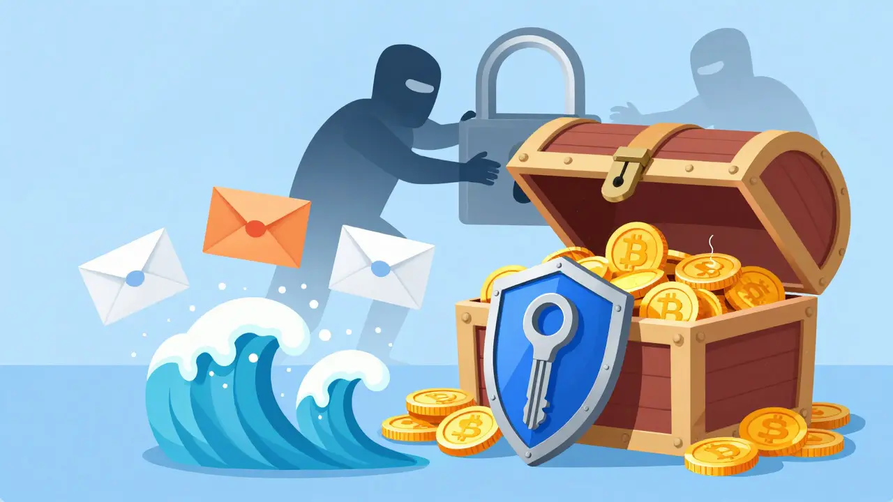 Hardware key shield blocking phishing attacks against crypto vault