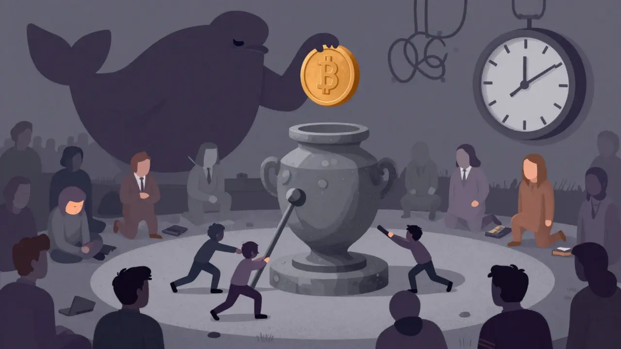 Illustration depicting voter apathy and power imbalance in DAO governance with a heavy urn