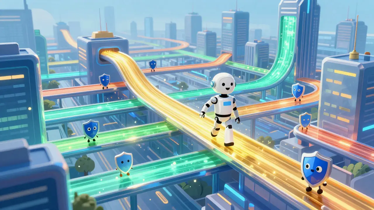Illustration of a city with data streams and an AI robot managing financial flows