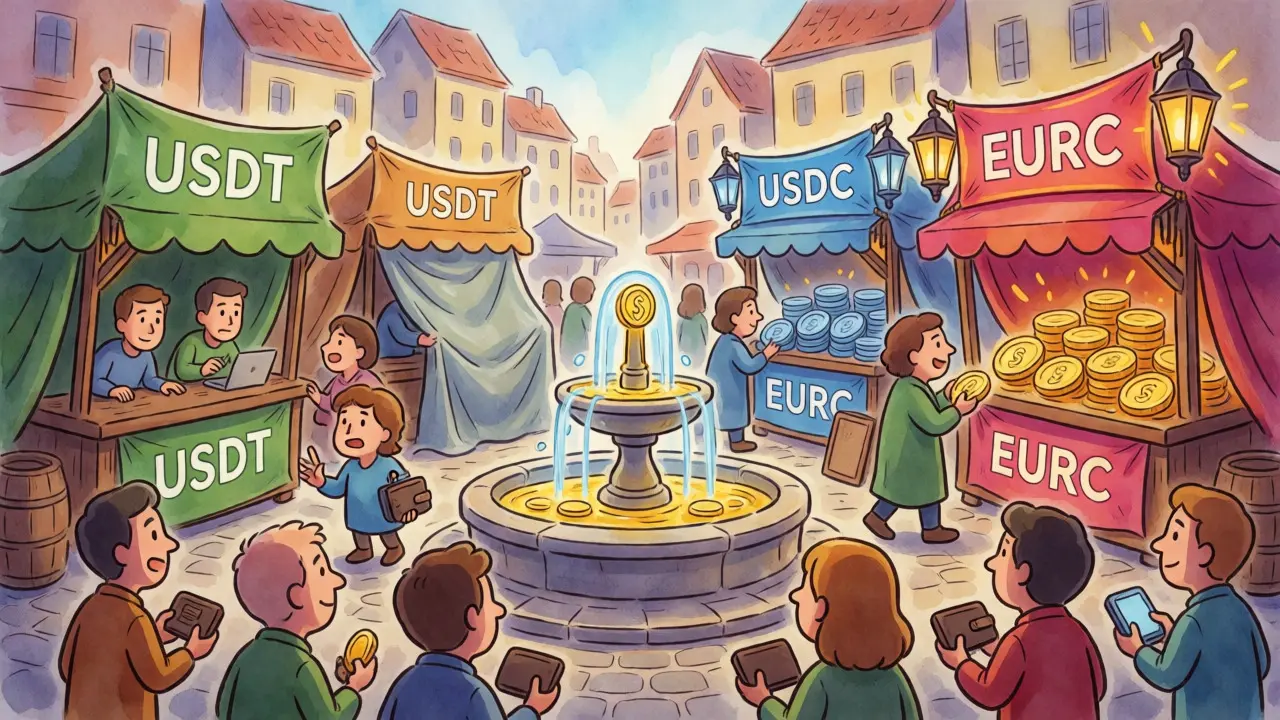 Illustration of a crypto marketplace where USDT stalls close while USDC and EURC stalls open up.