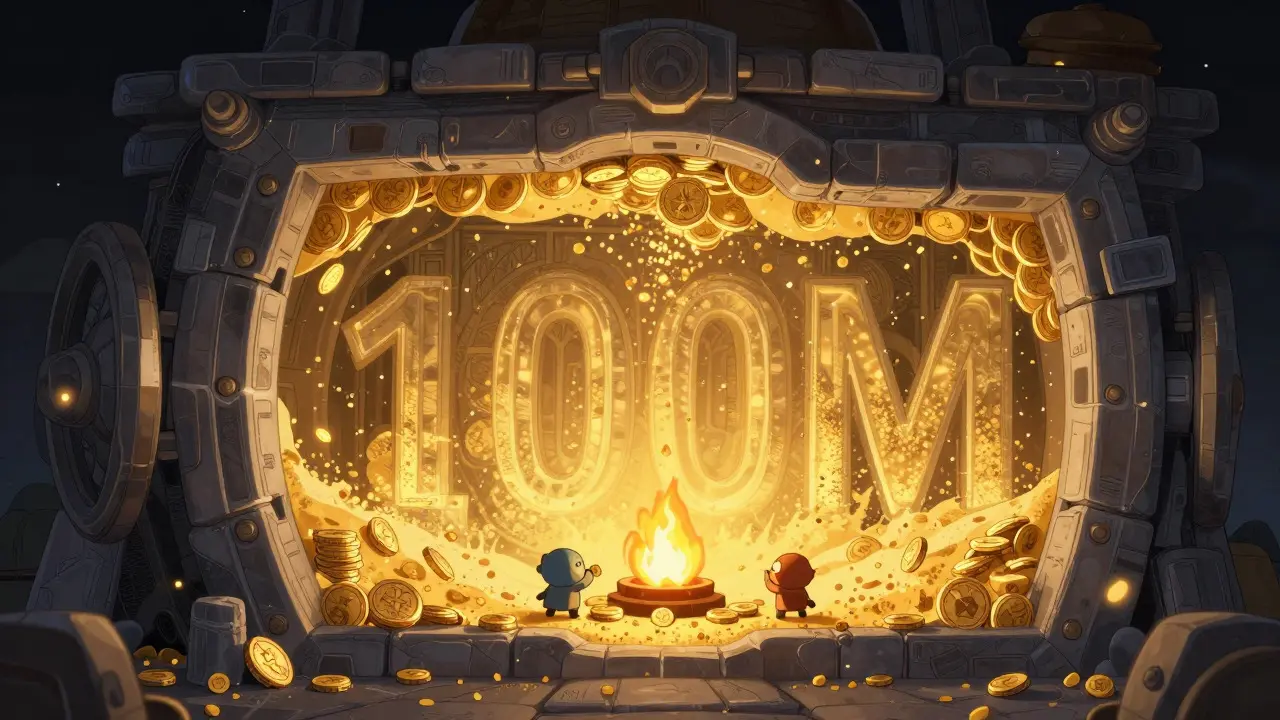 Illustration of a glowing vault with characters burning coins inside