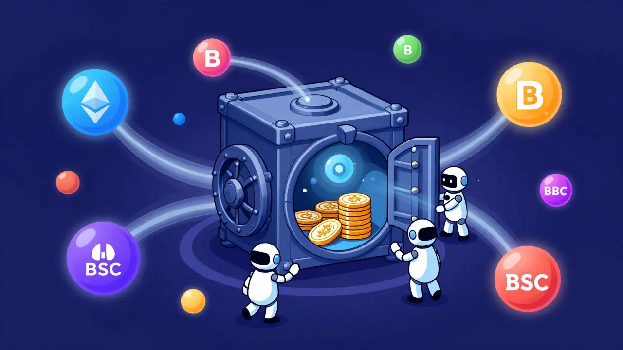 Illustration of a secure vault surrounded by connected blockchain network nodes