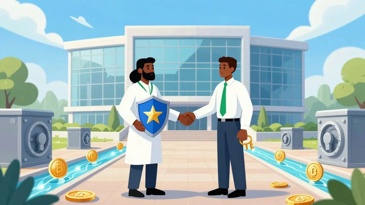 Illustration of regulators shaking hands in front of a modern, transparent financial hub