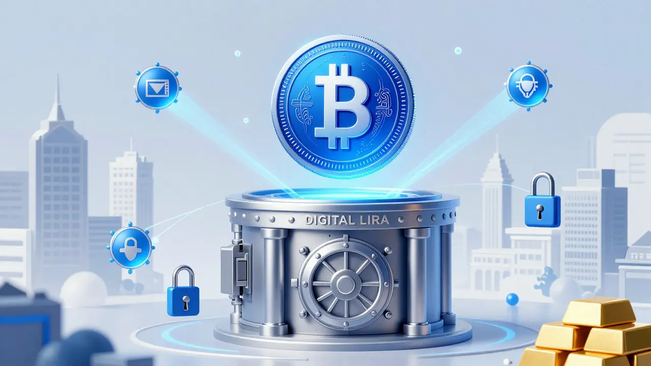 Illustration of the Digital Lira as a secure, state-backed digital currency connected to banks.