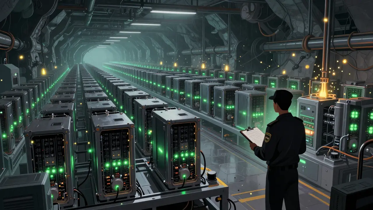 IRGC official inspecting rows of glowing Bitcoin miners in a vast facility