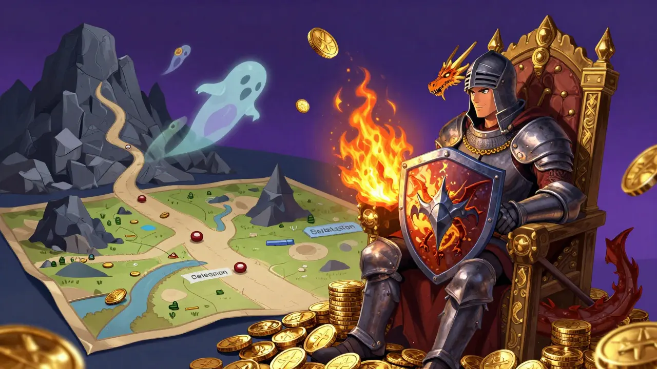 Knight on coin throne guarding against dragon with risk map behind