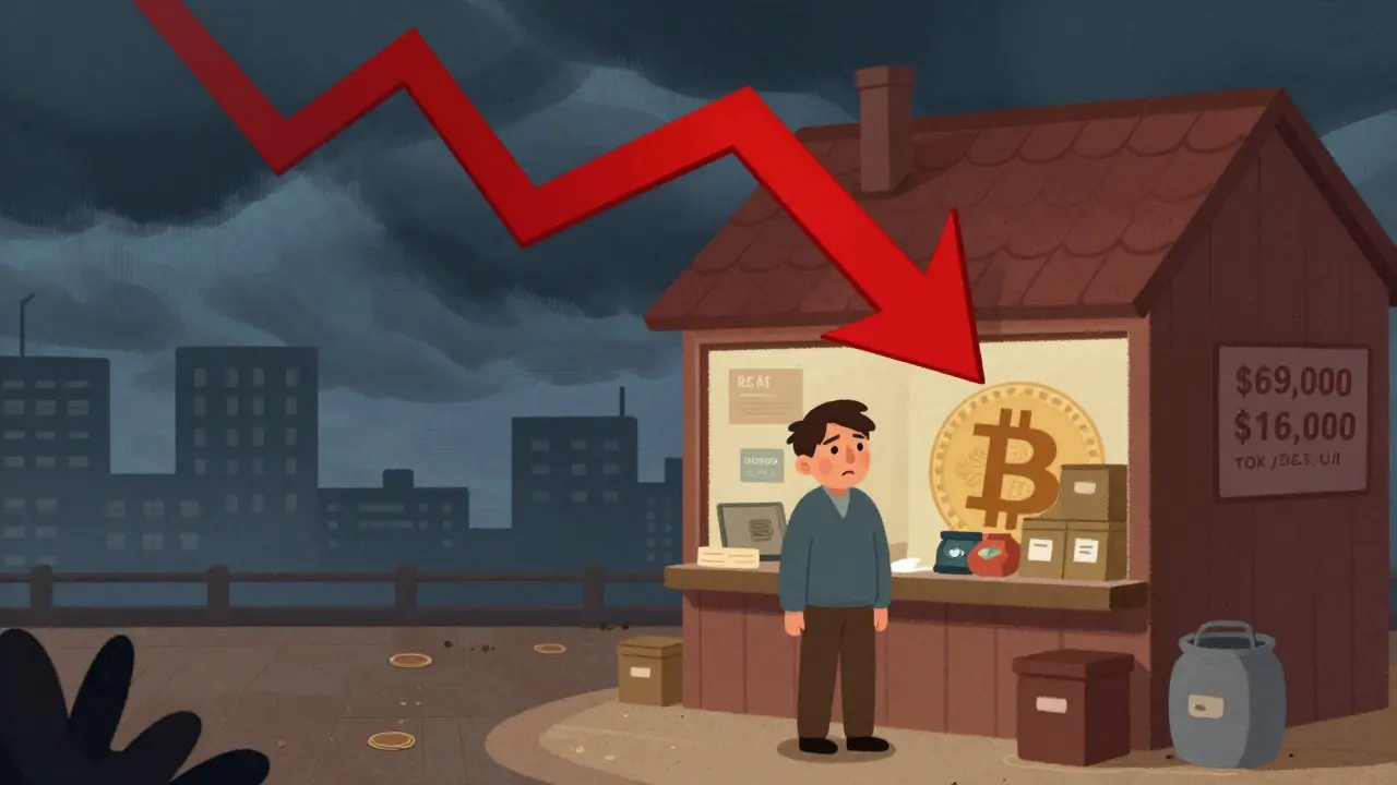 Merchant worried as a giant red arrow crashes into his shop