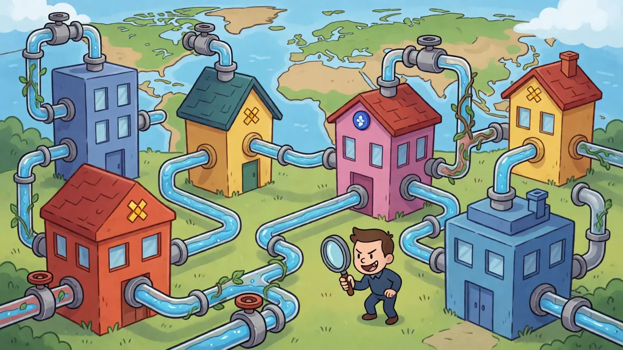 Regulators inspecting a complex pipe network where funds flow through opaque and transparent channels between exchanges.