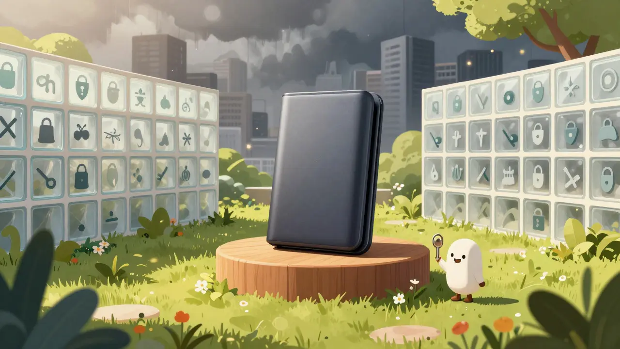 Secure hardware wallet in peaceful garden away from chaotic city