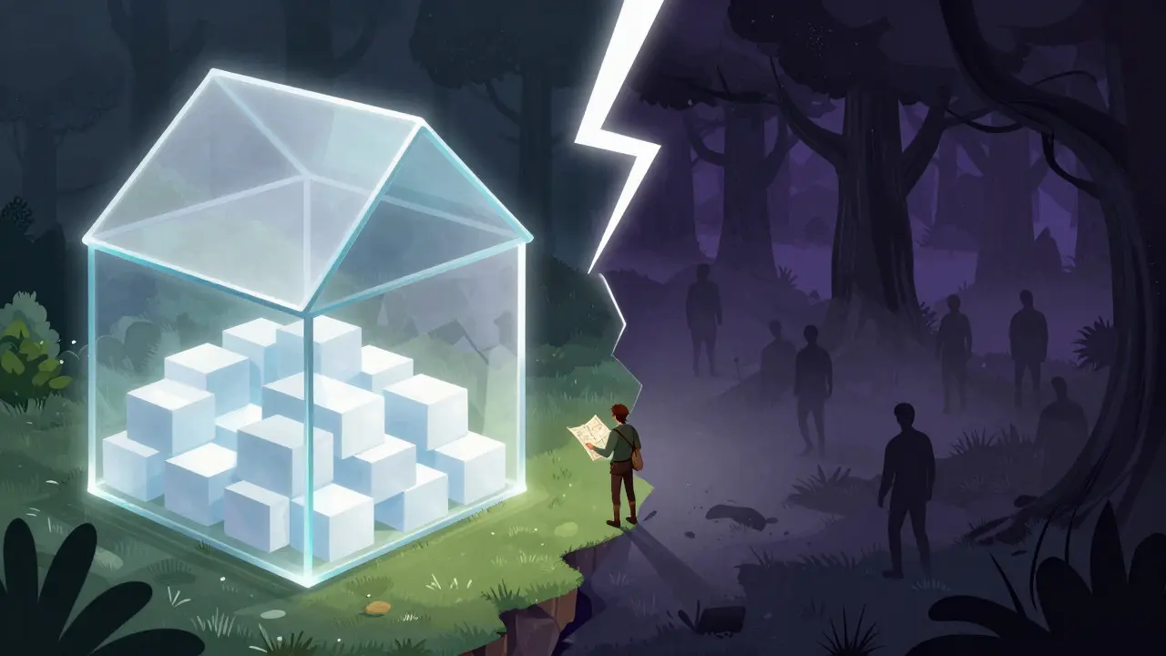 Split scene showing a safe glass house versus a dark forest with an explorer choosing a path