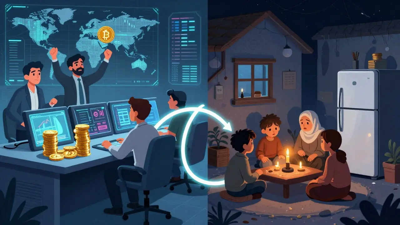 Split scene showing state crypto profits versus civilian blackouts at home