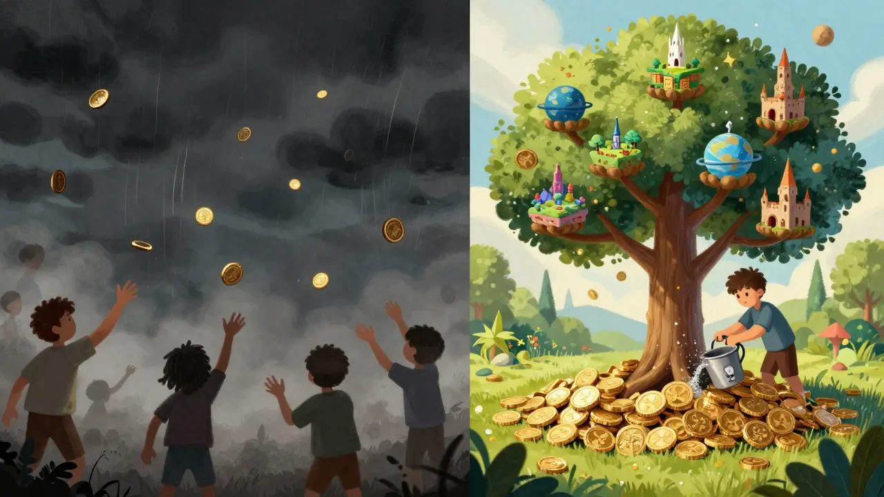 Split view contrasting a stormy rain of coins with a sunny garden of staked tokens and games