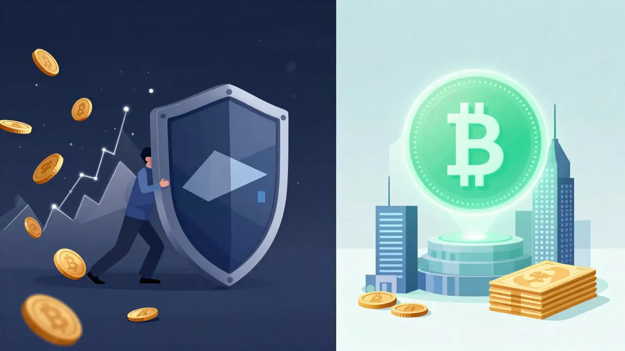 Split view contrasting banned crypto with allowed asset tokens