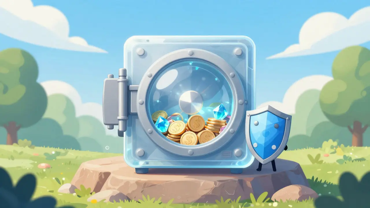 Storybook art of a secure crystal vault guarded by a shield-bearer under a blue sky