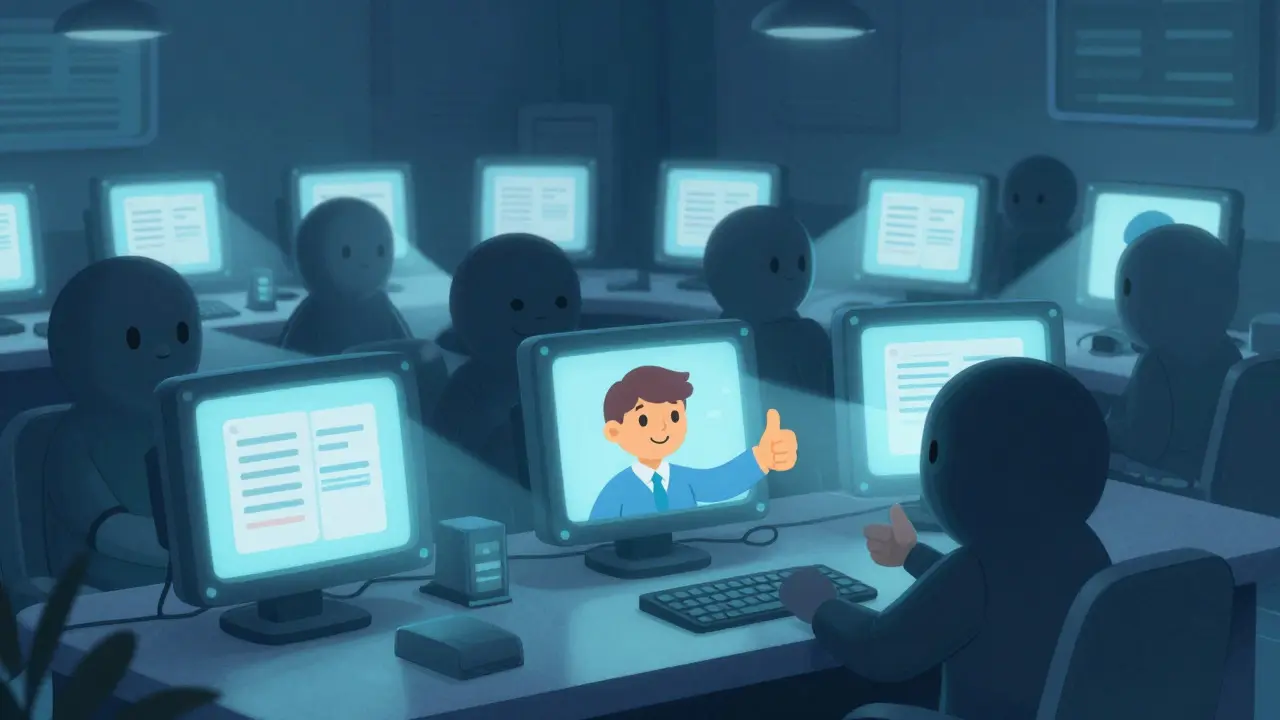 Storybook art of friendly monitor characters verifying identities in a secure room