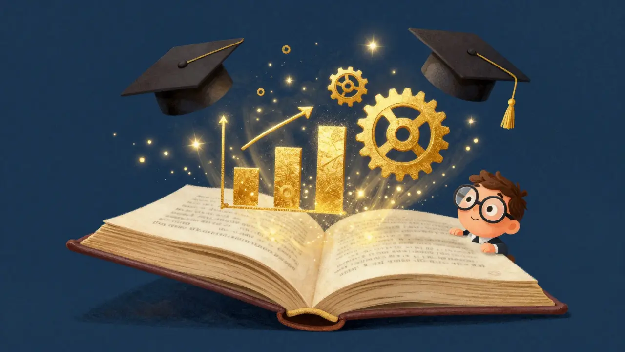 Storybook-style depiction of Vetter University, showing an educational book releasing knowledge symbols like charts and gears.
