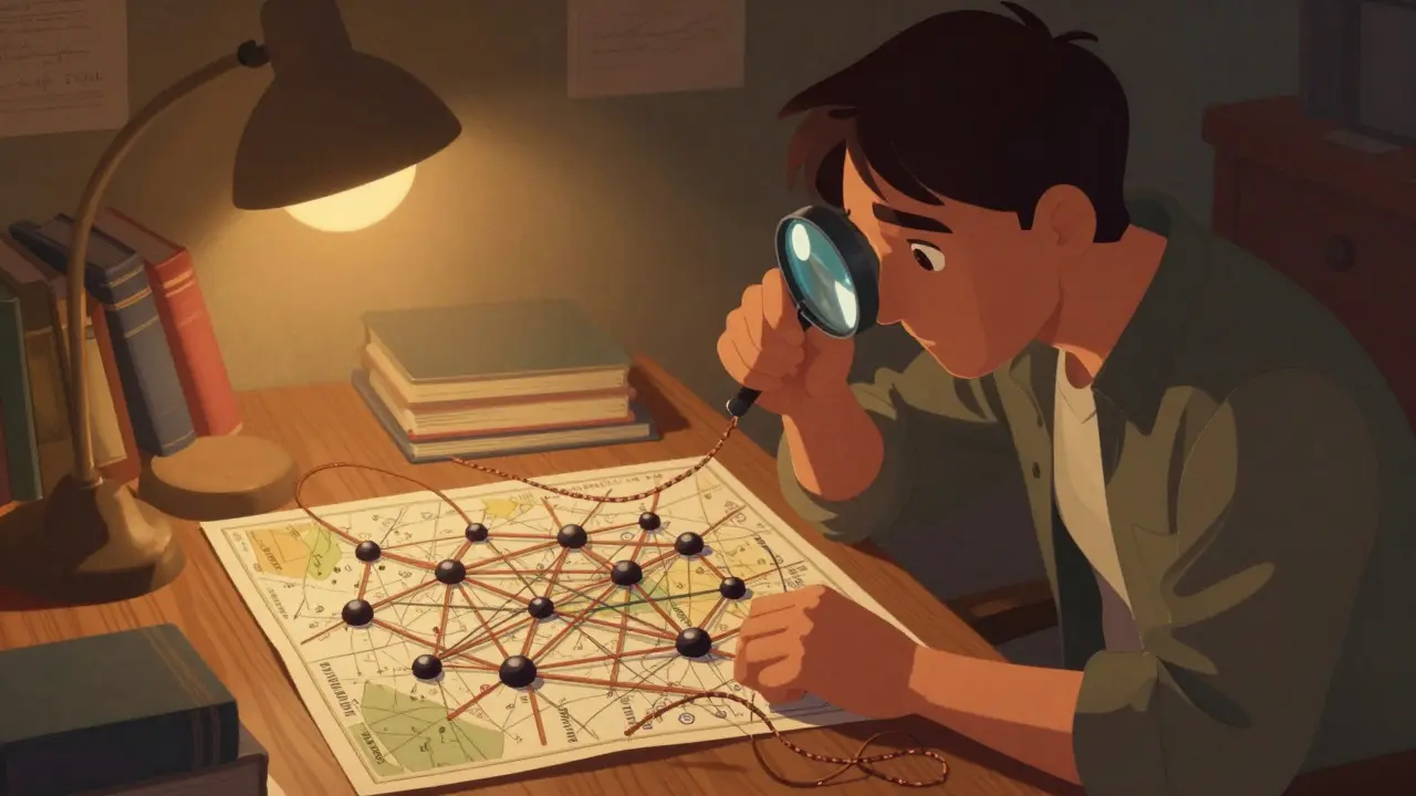 Trader examining tangled blockchain webs under warm lamp light