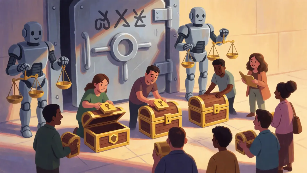 Traders securing assets in individual treasure chests guarded by robots, symbolizing diversified and compliant crypto storage.