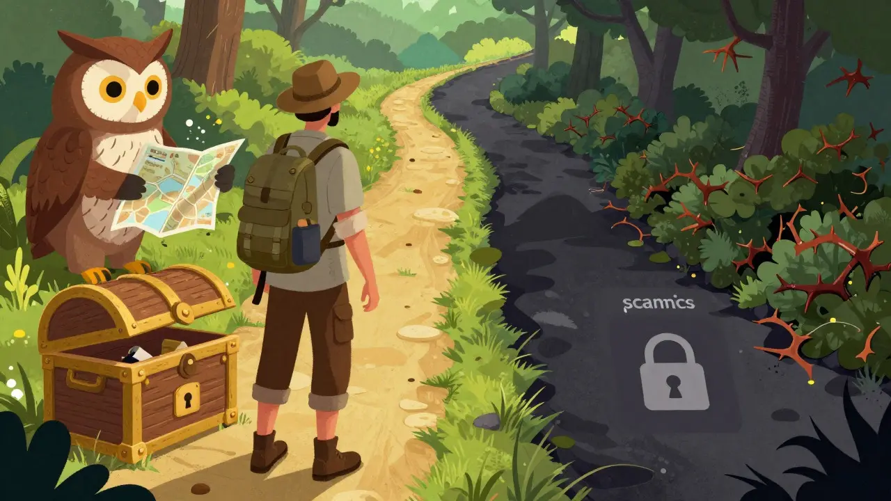 Traveler choosing safe path over traps near a treasure chest