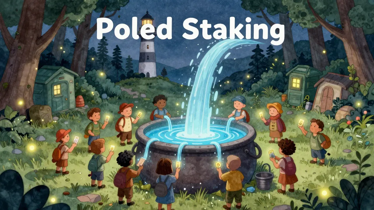 Villagers pooling resources into a cauldron to power a lighthouse
