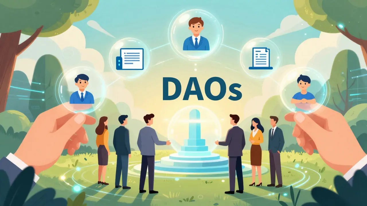 Whimsical art showing humans interacting with AI light orbs representing future hybrid DAO models