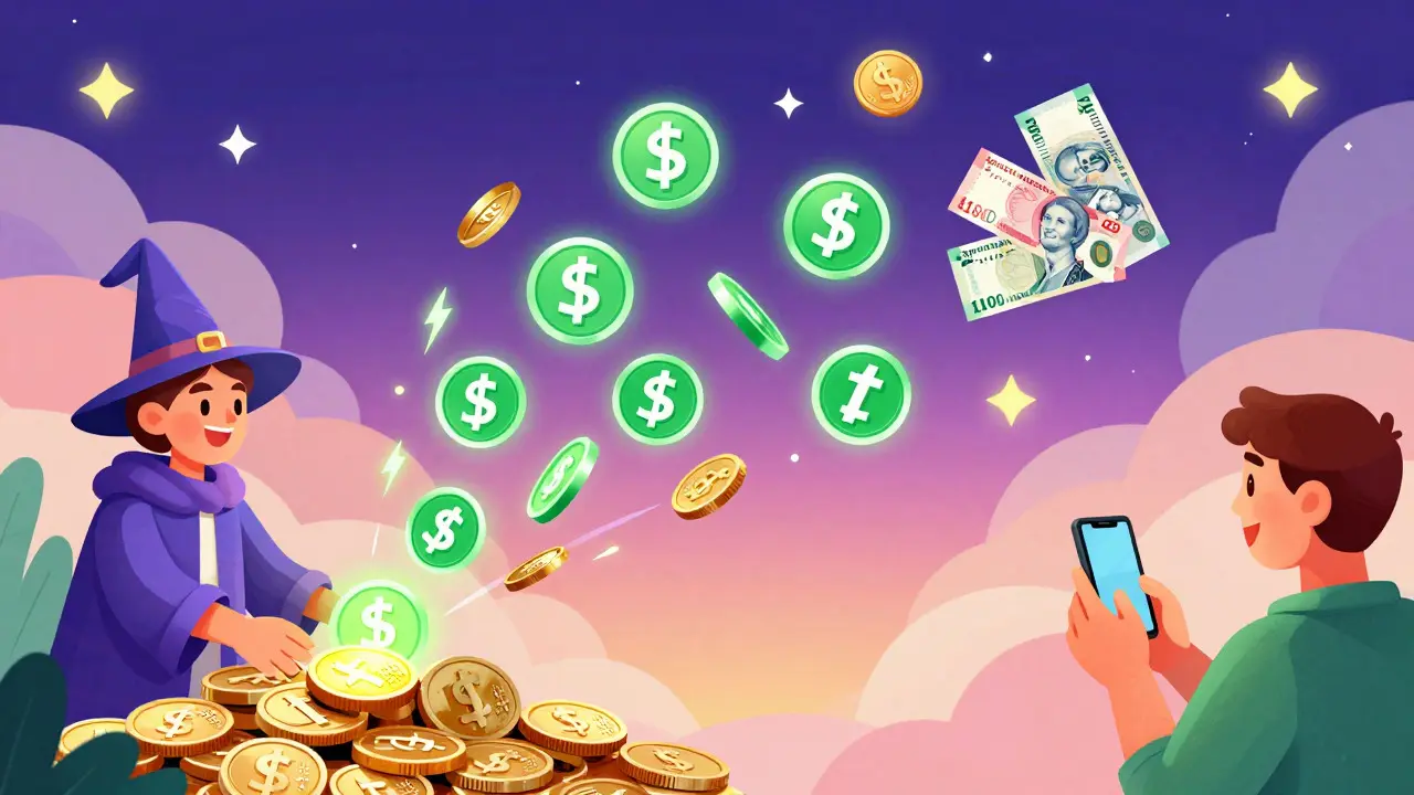 Whimsical art showing stablecoins traveling fast via blockchain magic.