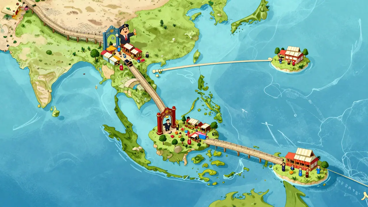 Whimsical map of Southeast Asia showing regulated crypto markets and connected islands