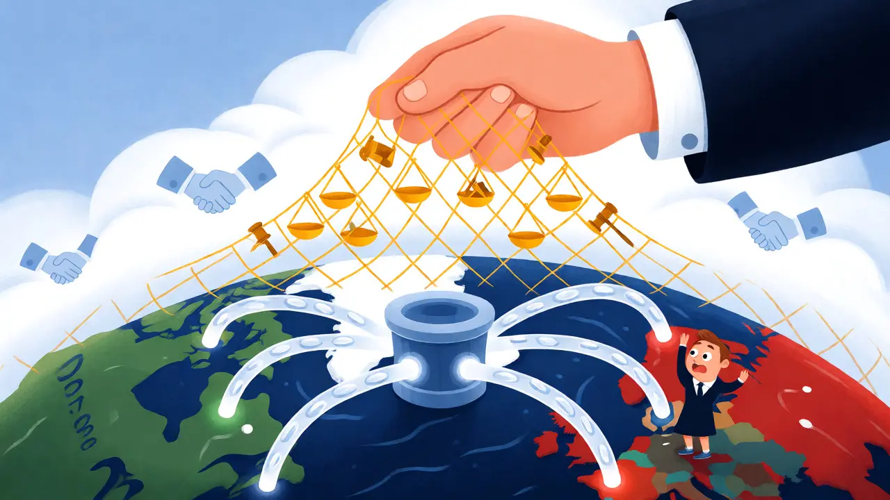 A giant hand holding a net over a globe where coins flow to a central vault.