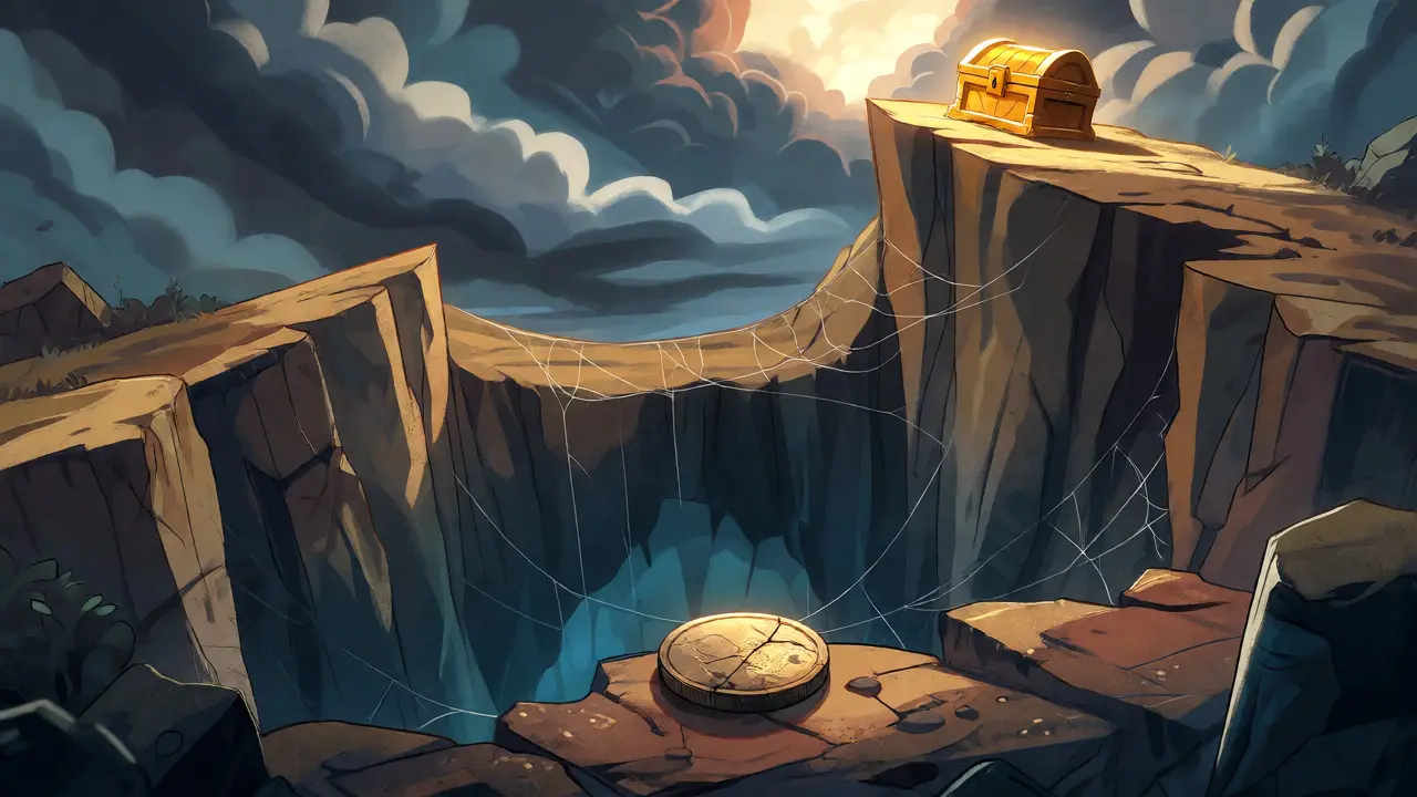 A golden chest at a cliff top contrasts with a tarnished coin below.