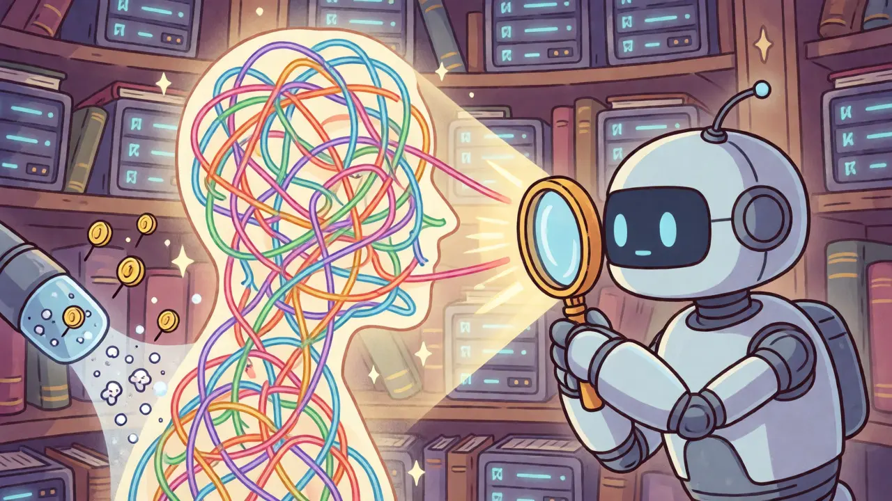 A robot detective analyzing a web of glowing threads connecting wallet addresses.